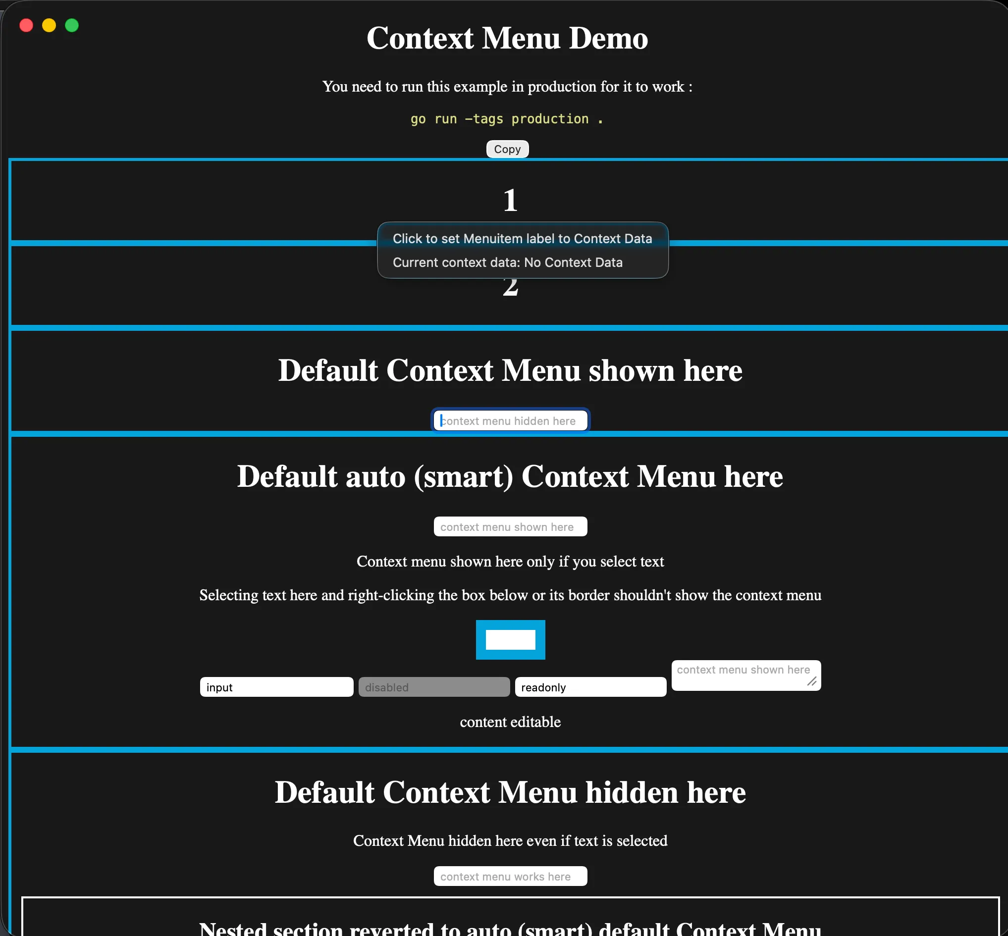 A Wails custom context menu displayed over a webview on macOS